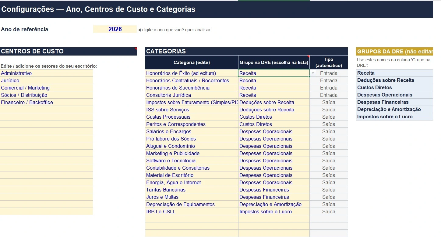 Print real da aba Configurações: cadastro dos centros de custo e categorias vinculadas aos grupos da DRE